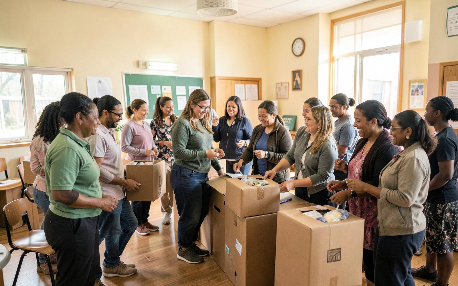 Volunteers from a diverse community organization sorting donation boxes together